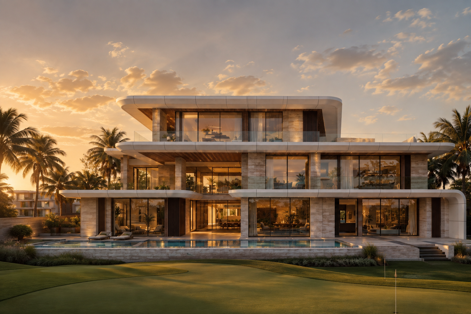 Contemporary villa facade at golden hour