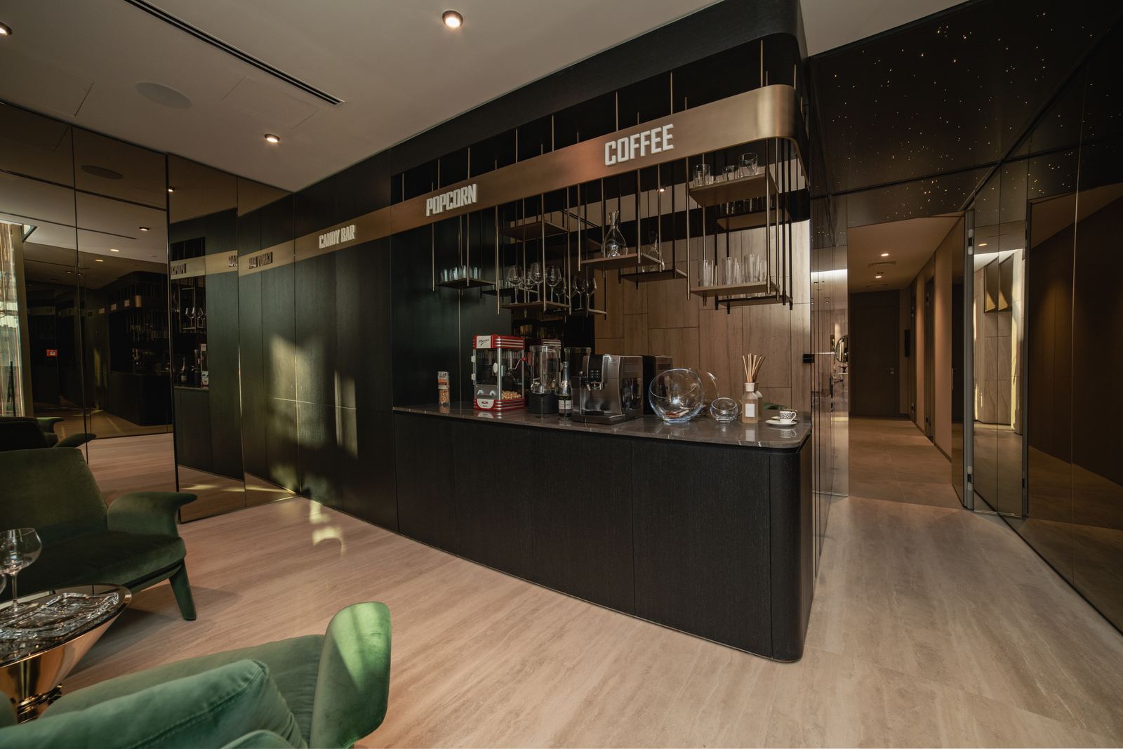 Custom amenity bar with brass shelving