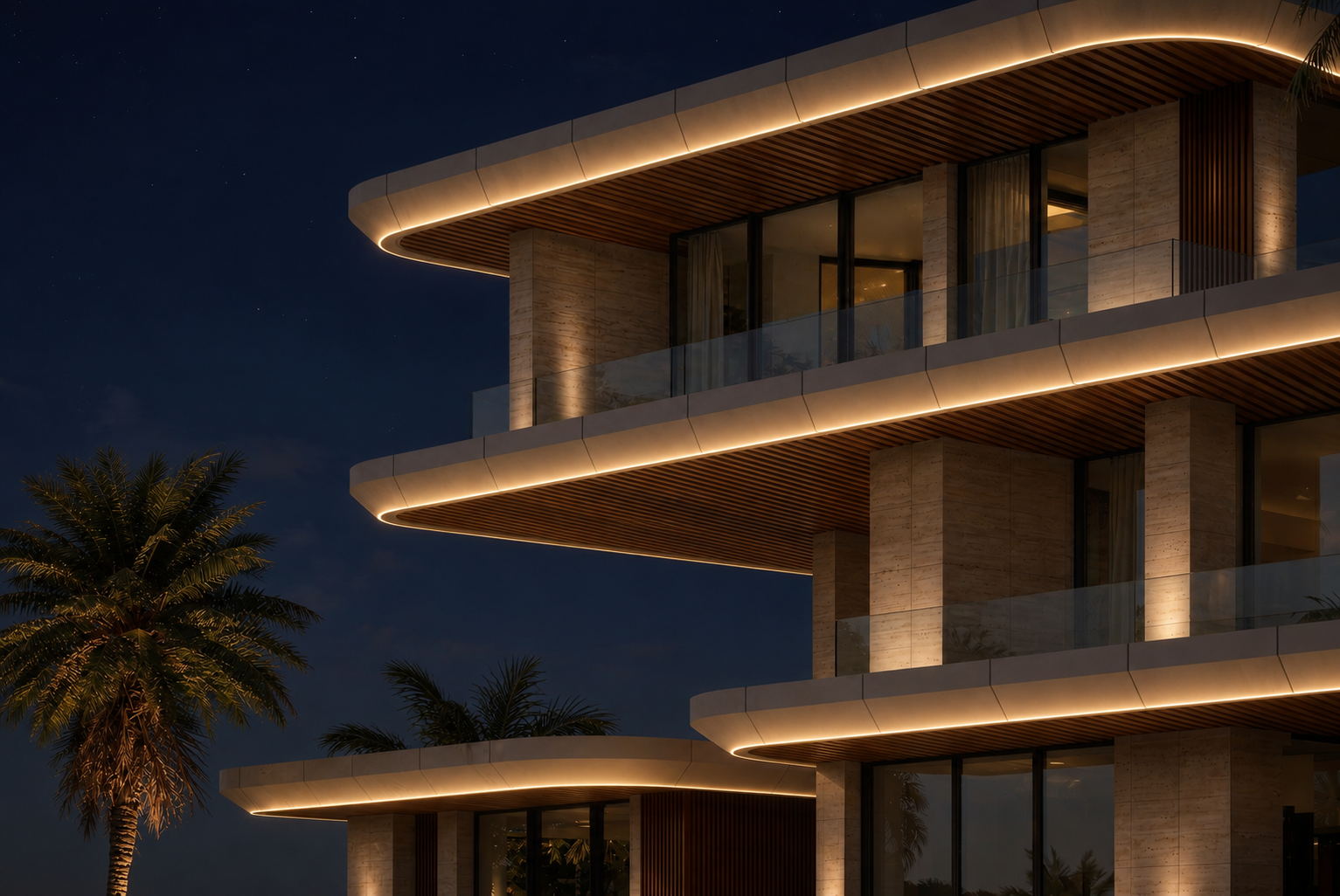 Villa façade with layered architectural lighting at dusk